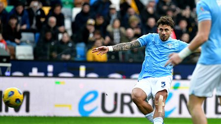 UDINE, ITALY - JANUARY 07: Luca Pellegrini of SS Lazio scores a opening goal during the Serie A TIM match between Udinese Calcio and SS Lazio at Dacia Arena on January 07, 2024 in Udine, Italy. (Photo by Marco Rosi - SS Lazio/Getty Images)