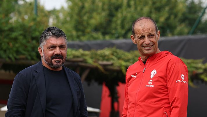 CAIRATE, ITALY - AUGUST 20: Italy Head Coach Gennaro Gattuso and head coach AC Milan Massimiliano Allegri look on during AC Milan training session at Milanello on August 20, 2025 in Cairate, Italy. (Photo by Claudio Villa/AC Milan via Getty Images) italia-estonia-5-0-gattuso-esordio-record-bergamo-gewiss-stadium-nazionale