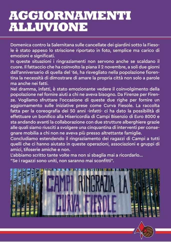 Curva Fiesole, raccolti ben 8000 euro per l’alluvione a Campi- immagine 2