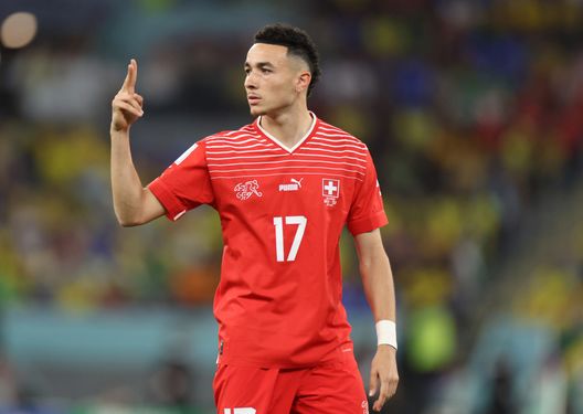 DOHA, QATAR - NOVEMBER 28:r of Switzerland during the FIFA World Cup Qatar 2022 Group G match between Brazil and Switzerland at Stadium 974 on November 28, 2022 in Doha, Qatar. (Photo by Catherine Ivill/Getty Images)