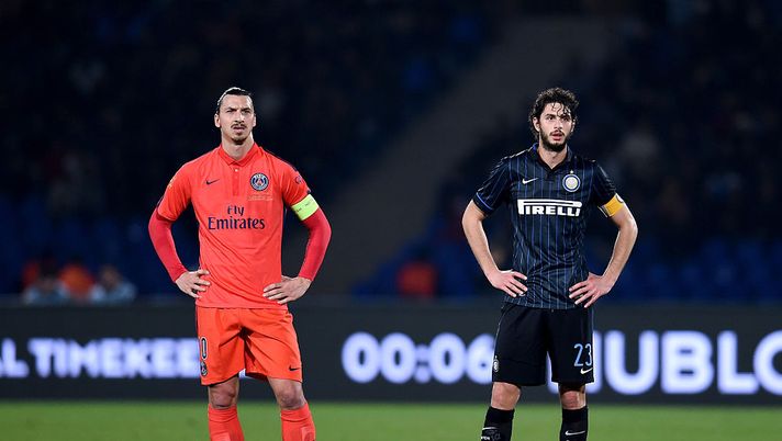 MARRAKECH, MOROCCO - DECEMBER 30: Andrea Ranocchia of FC Inter (R) and Zlatan Ibrahimovic of Psg look on during the Qatar Winter Tour match betweeen Paris Saint Germain and FC Internazionale Milano at Le Grand Stade on December 30, 2014 in Marrakech, Morocco. (Photo by Claudio Villa - Inter/Getty Images) Psg-Inter, la finale di Champions è anche Francia contro Italia - immagine 1