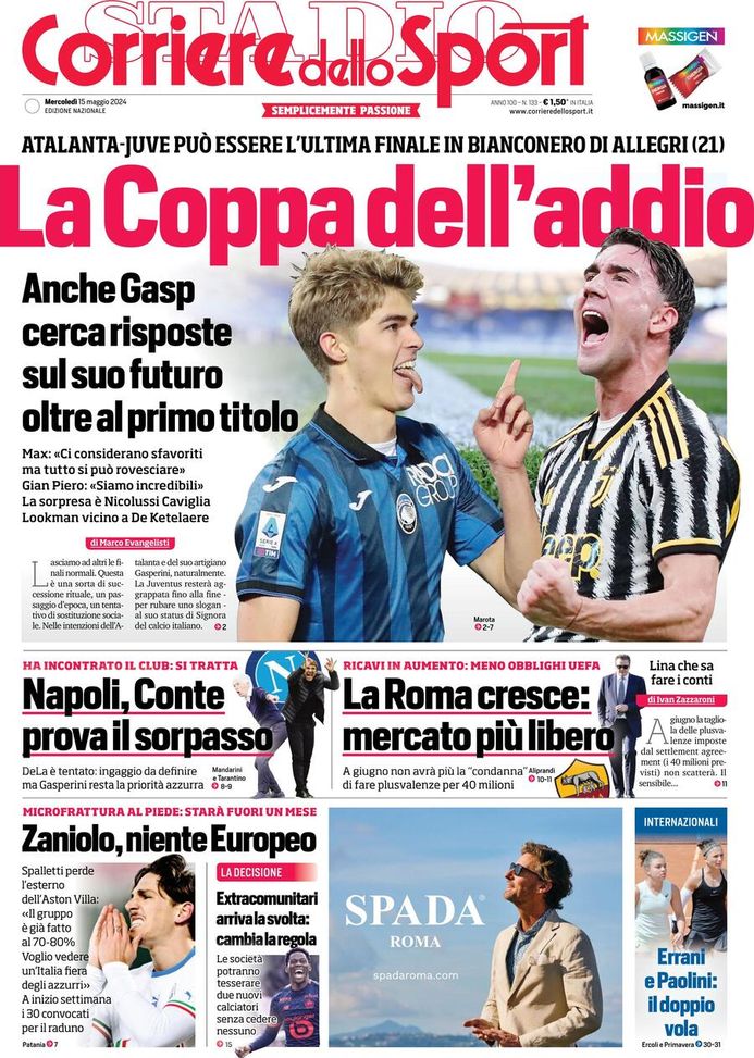 Il Corriere dello Sport, la prima pagina di oggi, mercoledì 15 maggio 2024 Il Corriere dello Sport