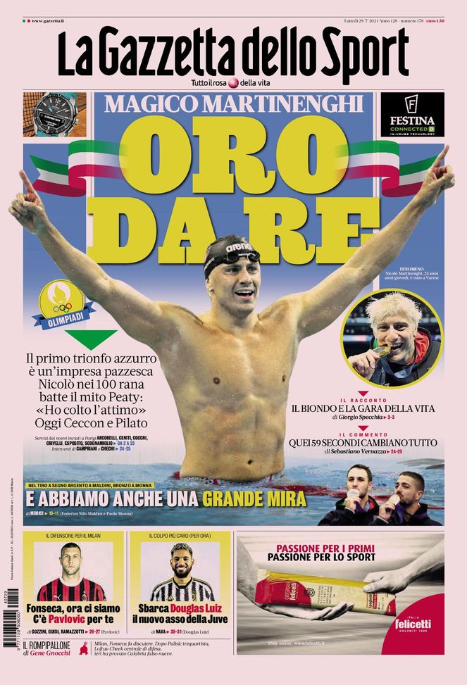 La Gazzetta dello Sport, la prima pagina di oggi, lunedì 29 luglio 2024