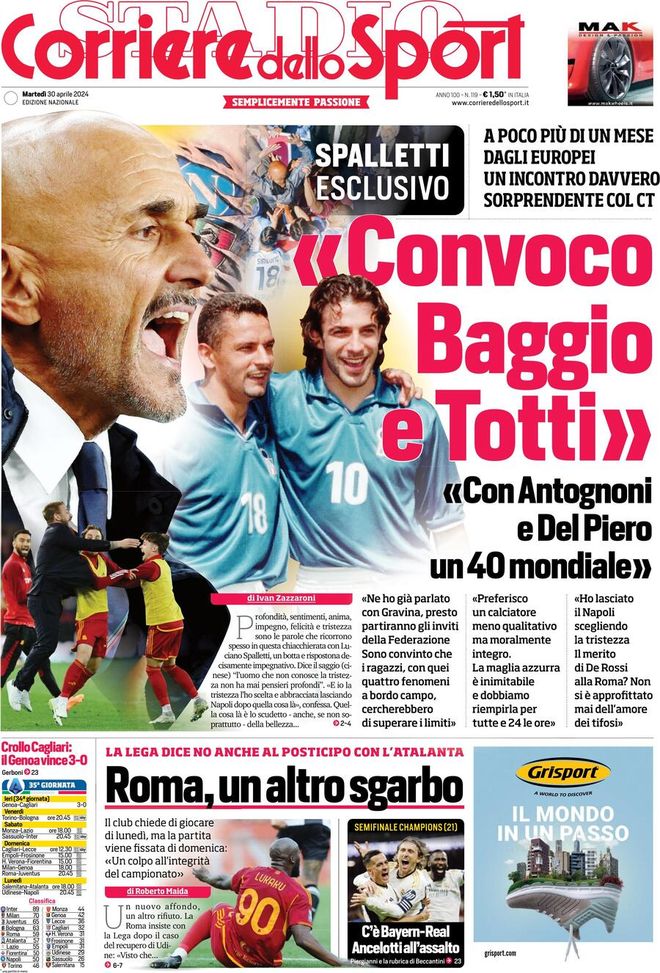 Il Corriere dello Sport, la prima pagina di oggi, martedì 30 aprile 2024 Il Corriere dello Sport