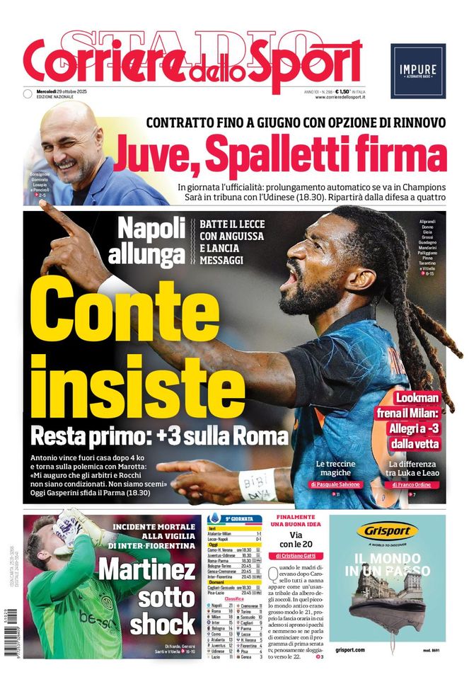 Il Corriere dello Sport, la prima pagina di oggi, mercoledì 29 ottobre 2025 Il Corriere dello Sport