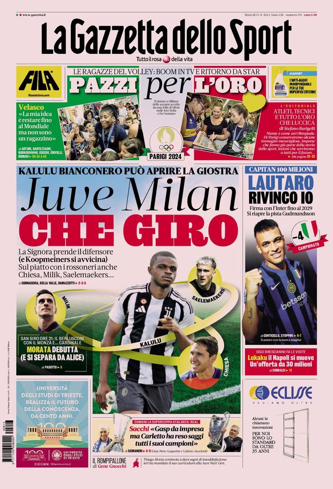 La Gazzetta dello Sport, la prima pagina di oggi, martedì 13 agosto 2024