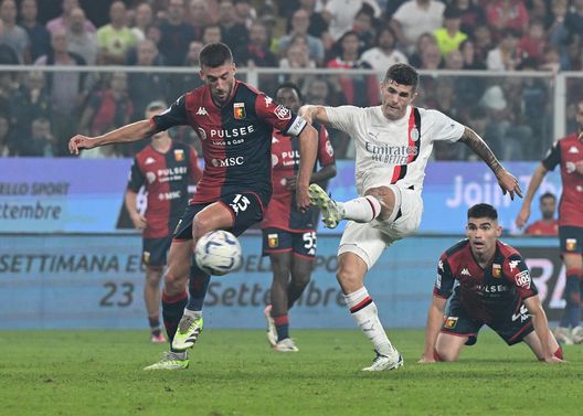 GENOA, ITALY - OCTOBER 07: Christian Pulisic of AC Milan scores a goal during the Serie A TIM match between Genoa CFC and AC Milan at Stadio Luigi Ferraris on October 07, 2023 in Genoa, Italy. (Photo by Claudio Villa/AC Milan via Getty Images) Il paradosso del Var: gol irregolare, ma giusto secondo il protocollo- immagine 2