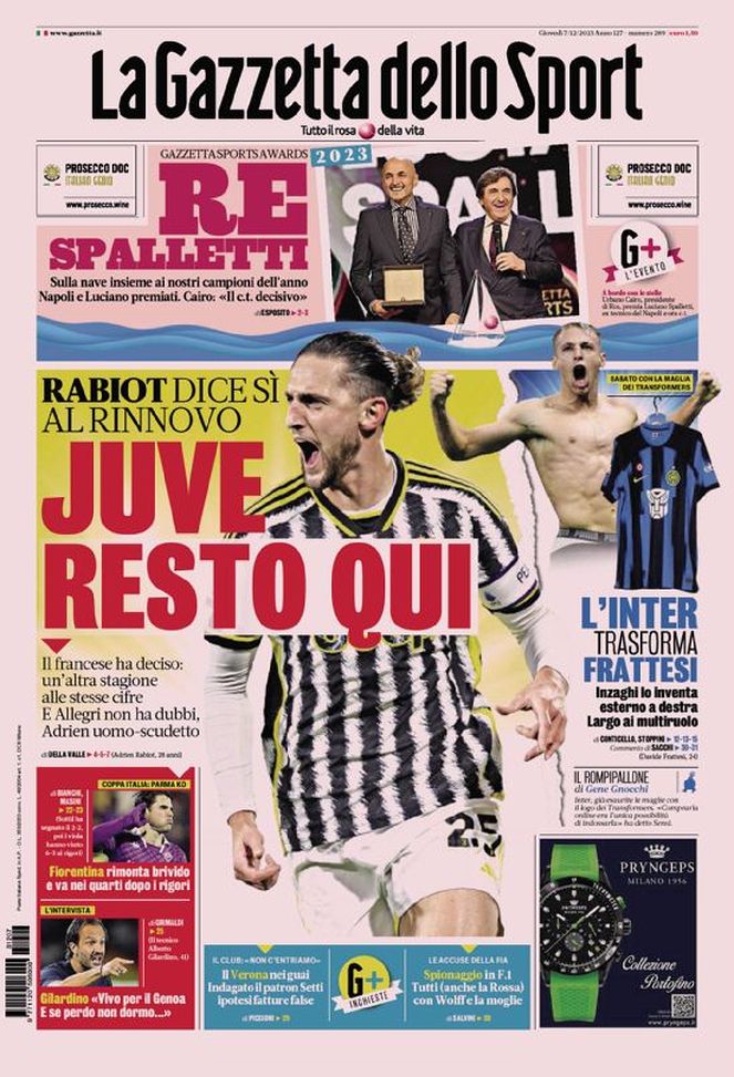 La Gazzetta dello Sport, la prima pagina di oggi, giovedì 7 dicembre 2023 La Gazzetta dello Sport