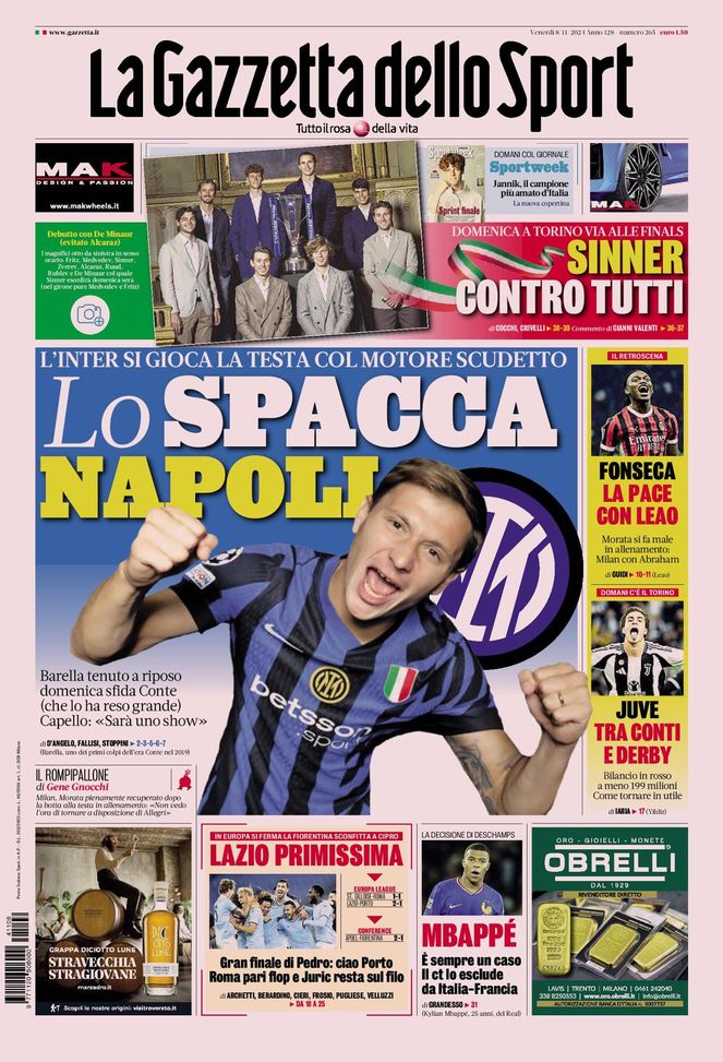 Prima Pagina Gazzetta dello Sport 8 novembre
