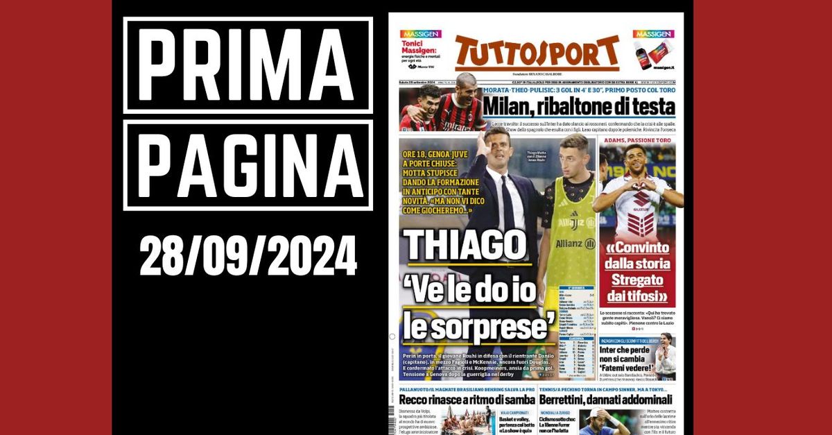 Prima pagina Tuttosport: Milan, ribaltone di testa. Primo posto col Torino