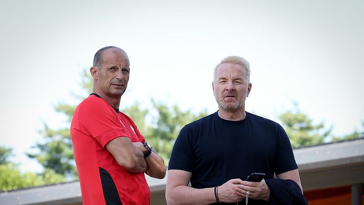 MILAN, ITALY - JULY 04: Head coach AC Milan Massimiliano Allegri and sporting director AC Milan Igli Tare look on during AC Milan medical tests at Milanello sports center on July 04, 2025 in Milan, Italy. (Photo by Claudio Villa/AC Milan via Getty Images)  Jashari