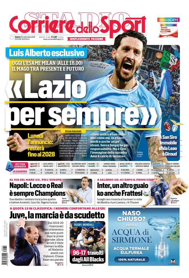 Corriere dello Sport Prima Pagina sabato 30 settembre