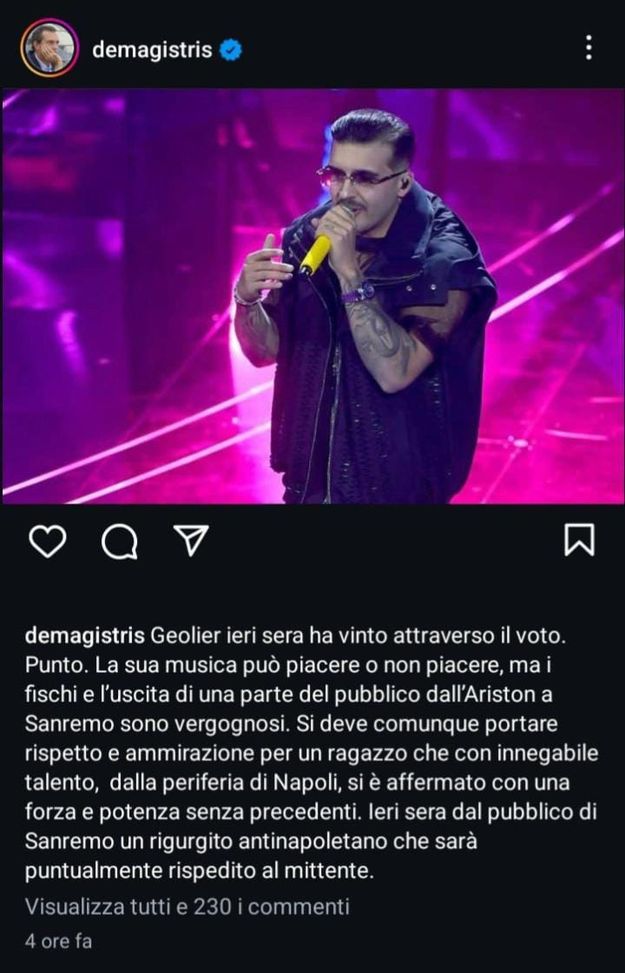 De Magistris su Geolier: “Fischi vergognosi! Ieri sera un rigurgito anti napoletano!”- immagine 2