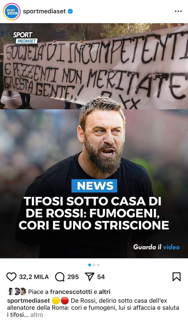 De Rossi, striscione dei tifosi contro la società: spunta il like di Totti alla foto- immagine 2