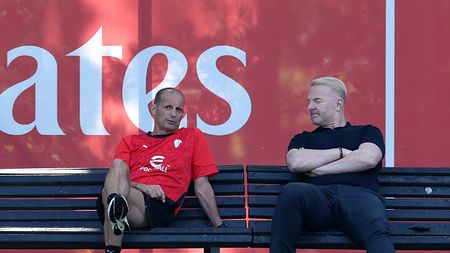 CAIRATE, ITALY - JULY 11: Head coach AC Milan Massimiliano Allegri and sporting director AC Milan Igli Tare look on during AC Milan medical tests at Milanello sports center on July 11, 2025 in Milan, Italy. (Photo by Claudio Villa/AC Milan via Getty Images) Milan tournèe
