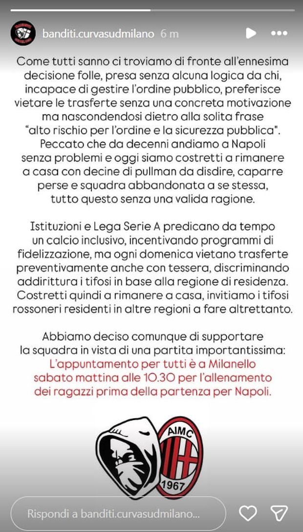Trasferta vietata Napoli-Milan, la Curva Sud: “Sabato mattina tutti a Milanello per sostenere i ragazzi”- immagine 2
