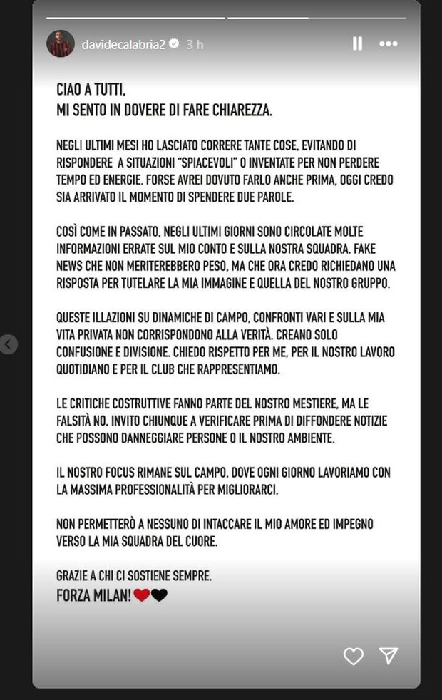 Milan, Calabria sui social: “Su nostro conto solo fake news. Meritiamo rispetto”- immagine 3
