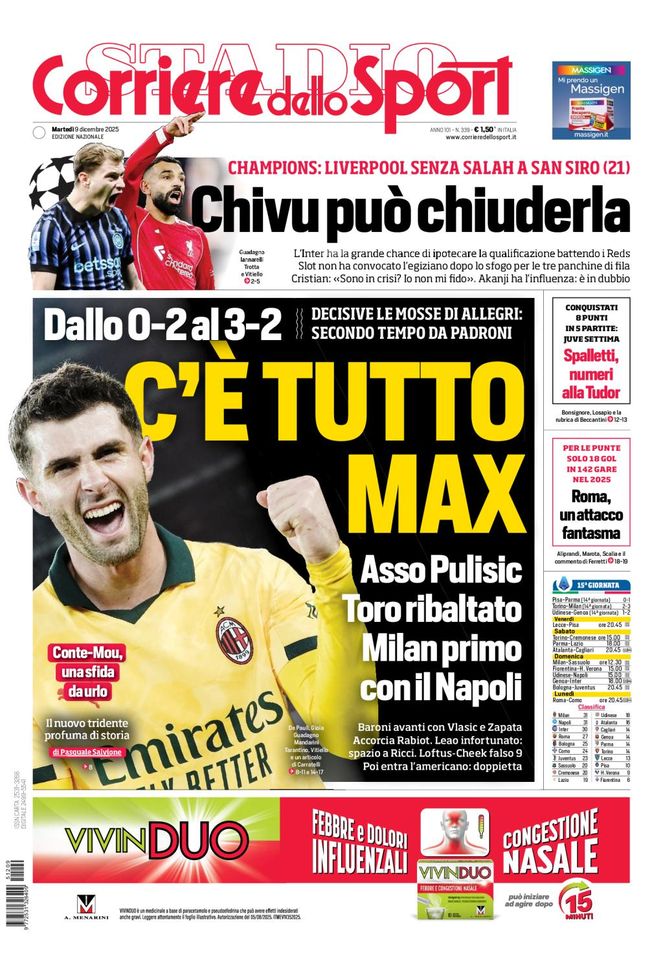 Il Corriere dello Sport, la prima pagina di oggi, martedì 9 dicembre 2025 Il Corriere dello Sport