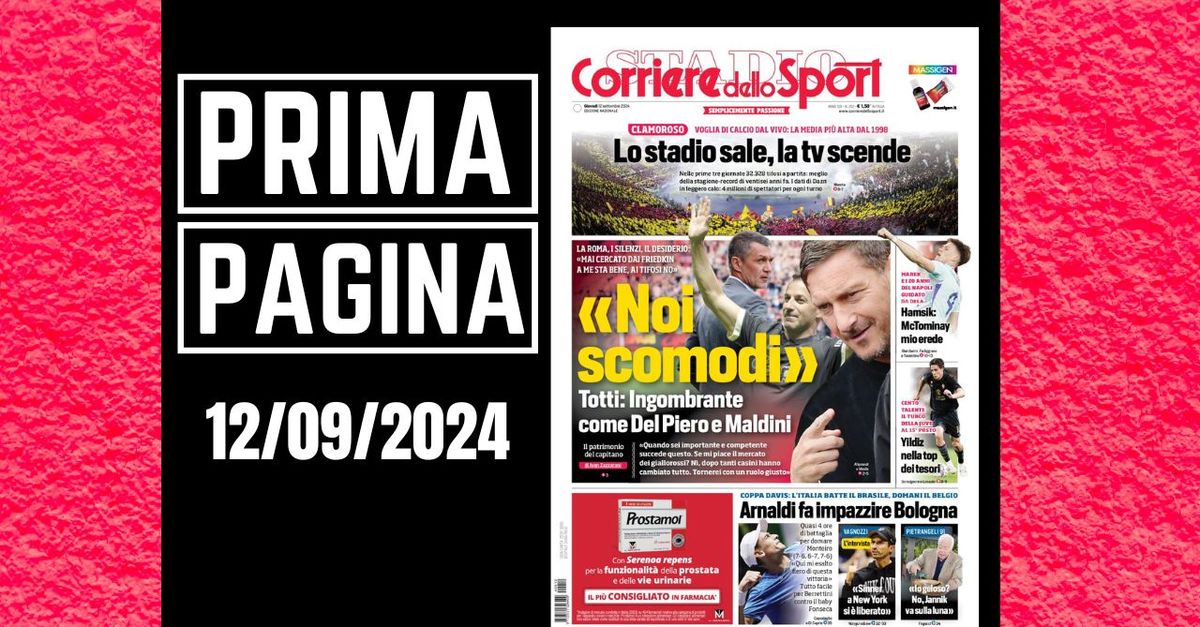 Prima pagina Corriere dello Sport: “Totti: ‘Io, Del Piero e Maldini scomodi’”