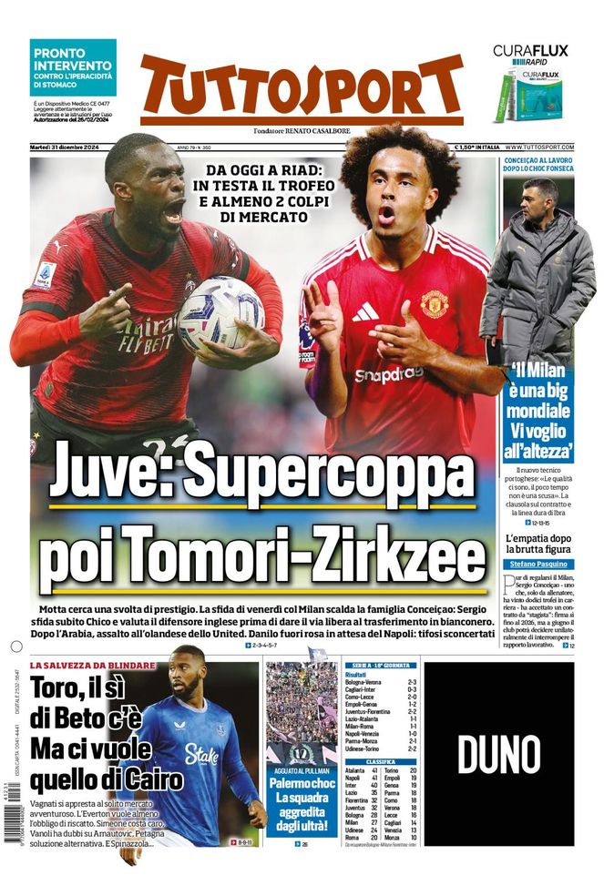 Tuttosport, la prima pagina di oggi, martedì 31 dicembre 2024 Tuttosport