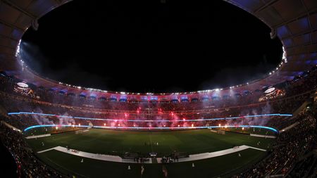 PERTH, AUSTRALIA - MAY 31: A general view of the light display and fireworks during the friendly between AC Milan and AS Roma at Optus Stadium on May 31, 2024 in Perth, Australia. (Photo by Will Russell/Getty Images) Milan Como Perth