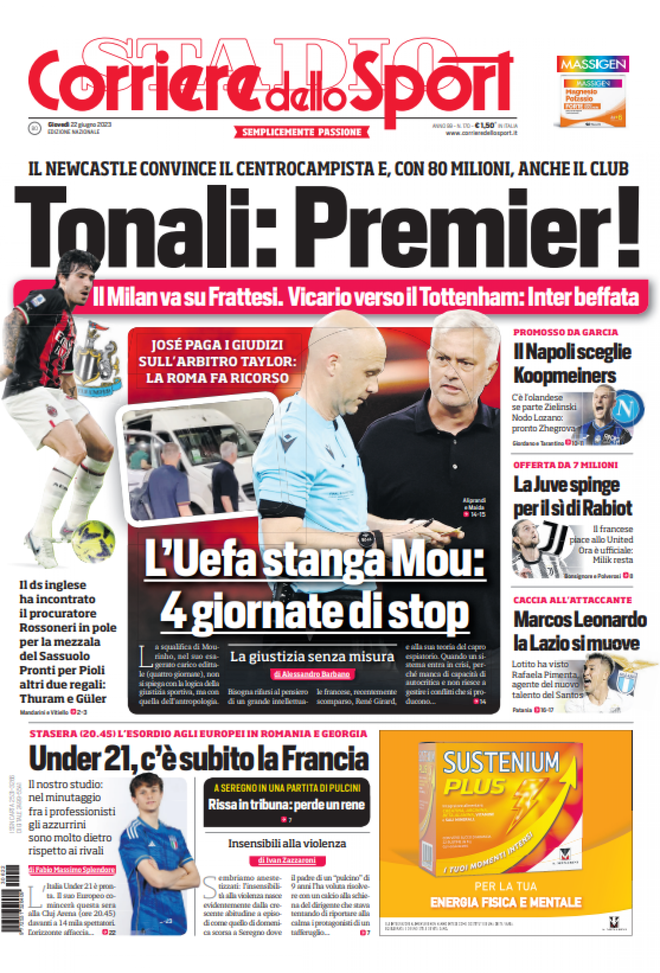 EDICOLA / CdS: Tonali in Premier, Milan su Frattesi e Vicario in Premier: Inter beffata - immagine 1