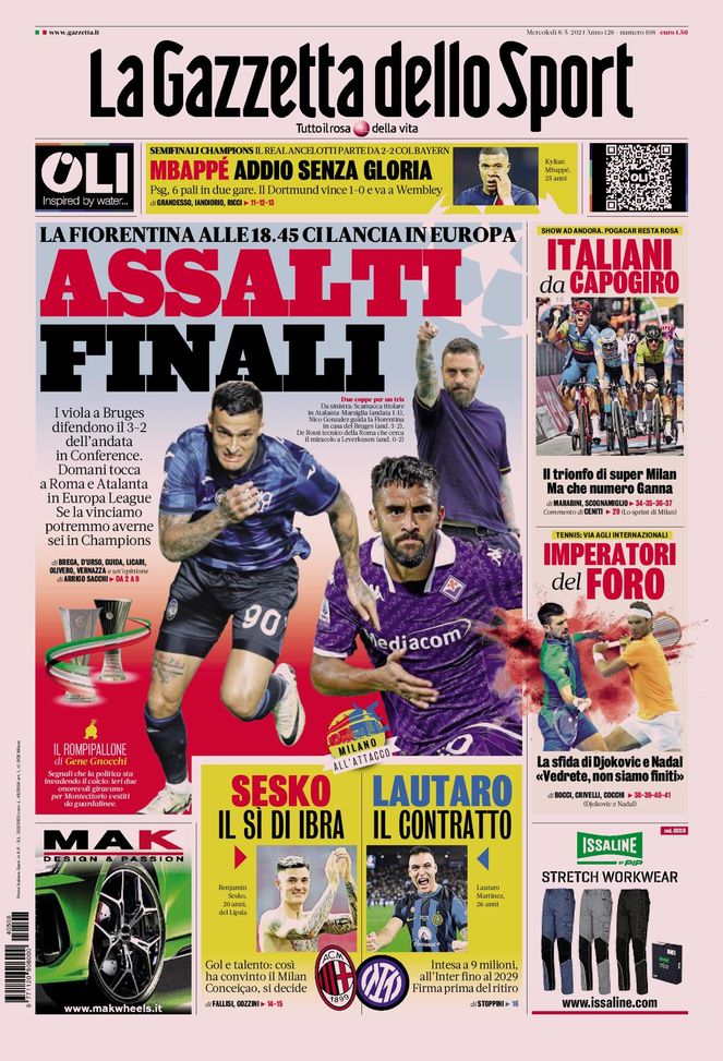 La Gazzetta dello Sport, la prima pagina di oggi, mercoledì 8 maggio 2024