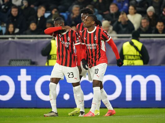 BRATISLAVA, SLOVAKIA - NOVEMBER 26: Rafael Leao of AC Milan celebrates scoring his team's second goal with teammate Fikayo Tomori during the UEFA Champions League 2024/25 League Phase MD5 match between SK Slovan Bratislava and AC Milan at Narodny Futbalovy Stadion on November 26, 2024 in Bratislava, Slovakia. (Photo by Christian Hofer/Getty Images)