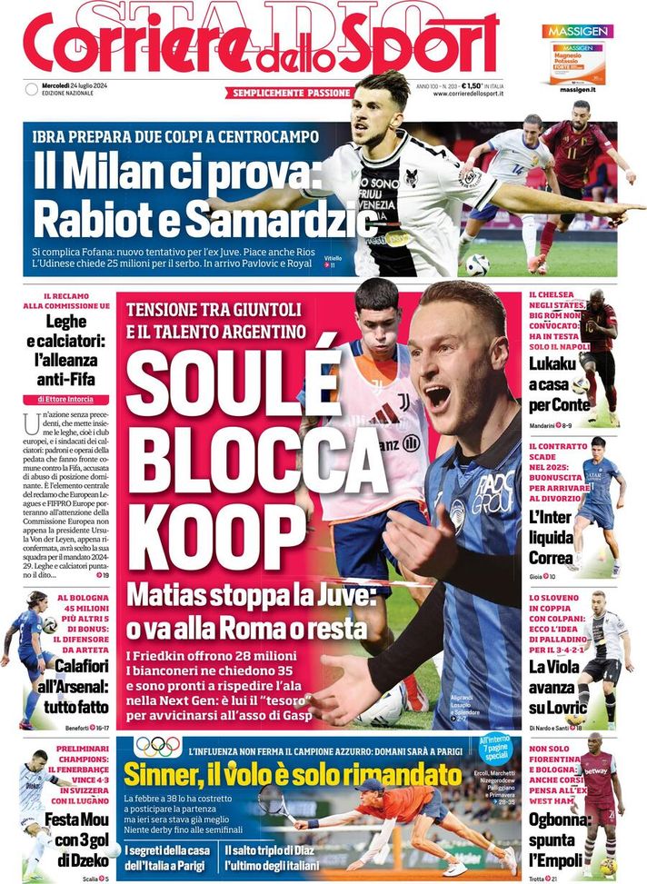 Il Corriere dello Sport, la prima pagina di oggi, mercoledì 24 luglio 2024 Il Corriere dello Sport
