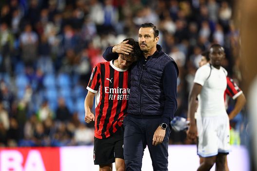 FERRARA, ITALY - MAY 17: Massimo Oddo Head coach of Milan Futuro and Gabriele Alesi shows his dejection at end of the Serie C Playout Second Leg match between Spal and Milan Futuro at Stadio Paolo Mazza on May 17, 2025 in Ferrara, Italy. (Photo by Giuseppe Cottini/AC Milan via Getty Images) Milan Futuro