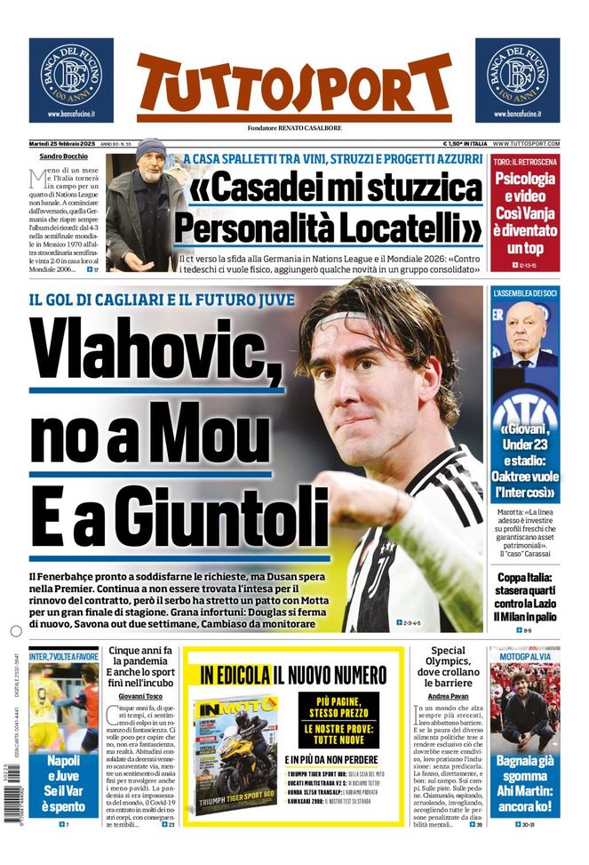 Tuttosport, la prima pagina di oggi, martedì 25 febbraio 2025 Tuttosport