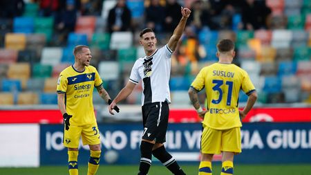 UDINE, ITALY - DECEMBER 03: Lorenzo Lucca of Udinese celebrates scoring a goal during the Serie A TIM match between Udinese Calcio and Hellas Verona FC at Bluenergy Stadium on December 03, 2023 in Udine, Italy. (Photo by Timothy Rogers/Getty Images)