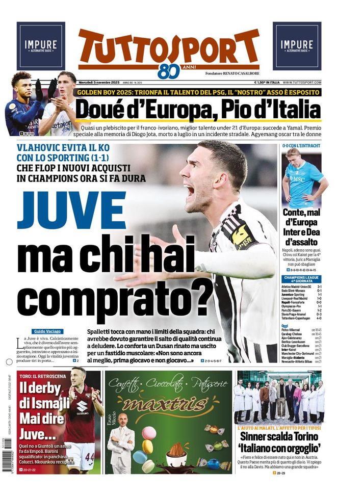 Tuttosport, la prima pagina di oggi, mercoledì 5 novembre 2025 Tuttosport