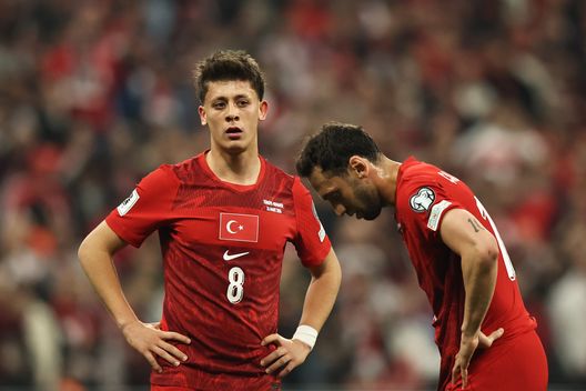 ISTANBUL, TURKEY - MARCH 26: Arda Guler of Turkiye reacts during the FIFA World Cup 2026 European Qualifiers KO play-offs match between Türki̇ye and Romania at Besiktas Park on March 26, 2026 in Istanbul, Turkey. (Photo by Burak Kara/Getty Images)