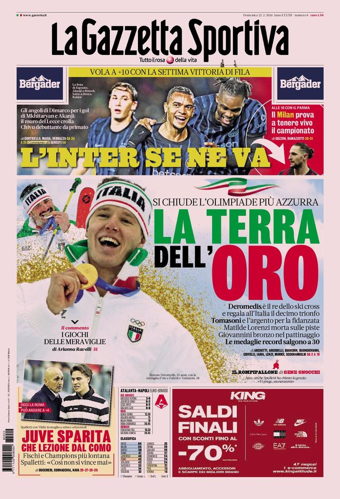 La Gazzetta dello Sport, la prima pagina di oggi, domenica 22 febbraio 2026 La Gazzetta dello Sport
