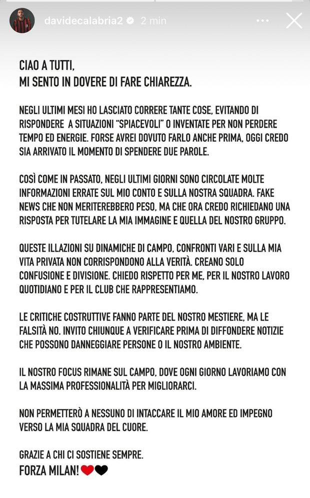 Davide Calabria: “Basta falsità, siamo professionisti e lavoriamo”- immagine 2