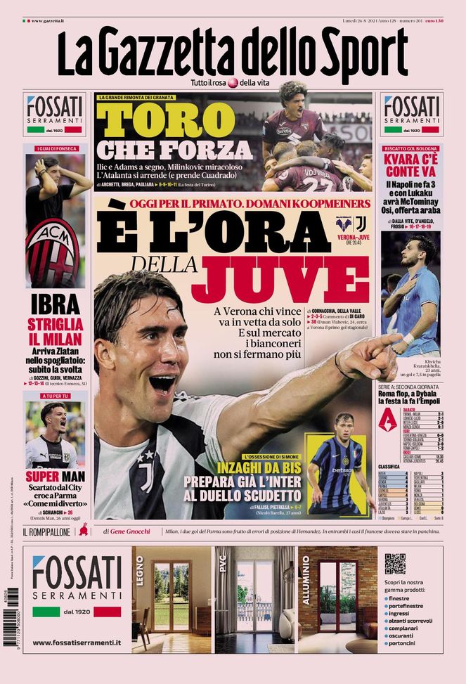La Gazzetta dello Sport, la prima pagina di oggi, lunedì 26 agosto 2024