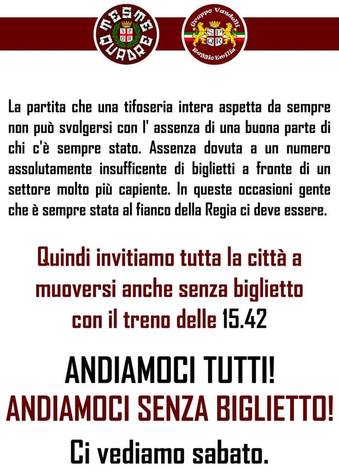 I tifosi della Reggiana e il derby di Parma: “Andiamoci senza biglietto”- immagine 2