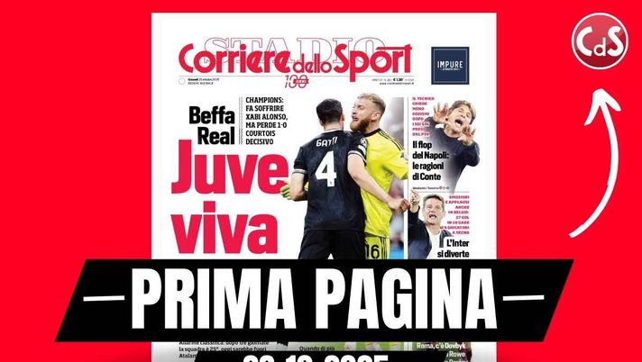 Il Corriere dello Sport, la prima pagina di oggi, giovedì 23 ottobre 2025 Prima pagina Corriere dello Sport: 'Juventus viva: Vlahovic spreca, Bellingham non perdona'