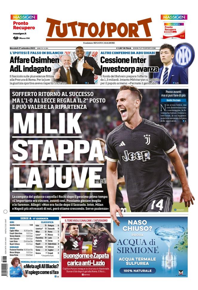 Tuttosport Prima Pagina mercoledì 27 settembre