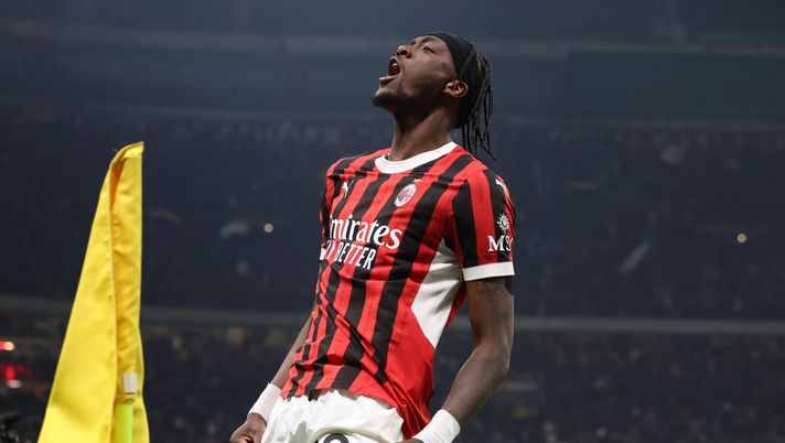 MILAN, ITALY - APRIL 02:  Tammy Abraham of AC Milan celebrates after scoring the goal during the coppa Italia Semi Final match between AC Milan and FC  Internazionale at Stadio Giuseppe Meazza on April 02, 2025 in Milan, Italy. (Photo by Claudio Villa/AC Milan via Getty Images)  Abraham