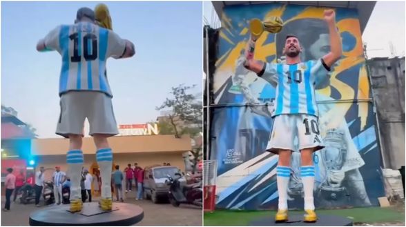 India, virale il video della posa della scultura di Leo Messi mondiale: davanti ad un ristorante- immagine 4