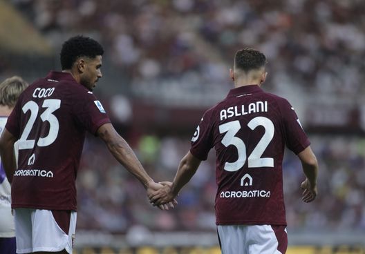 Saul Coco of Torino FC and Kristjan Asllani of Torino FC during the Italian Serie A, 2025/26 season, football match between Torino FC and ACF Fiorentina on 31 August 2025 at Stadio Olimpico Grande Torino, Turin, Italy. Photo Nderim Kaceli