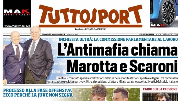 PRIMA PAGINA TUTTOSPORT OGGI: “L’Antimafia chiama Marotta e Scaroni” - immagine 1