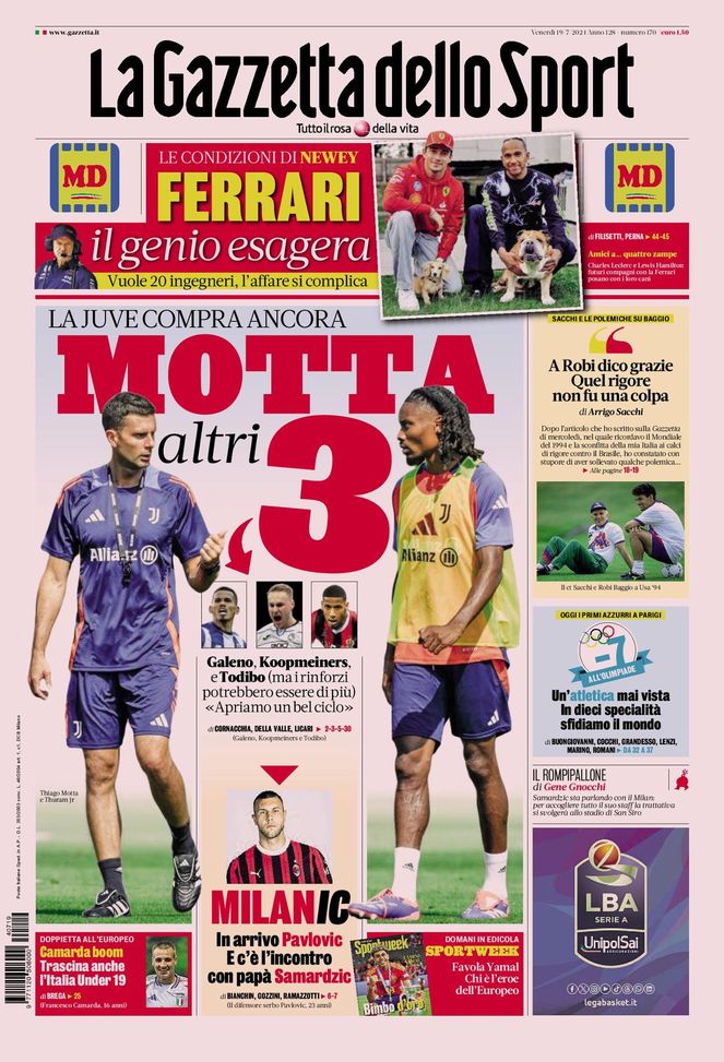 Prima Pagina Gazzetta dello Sport 19 luglio