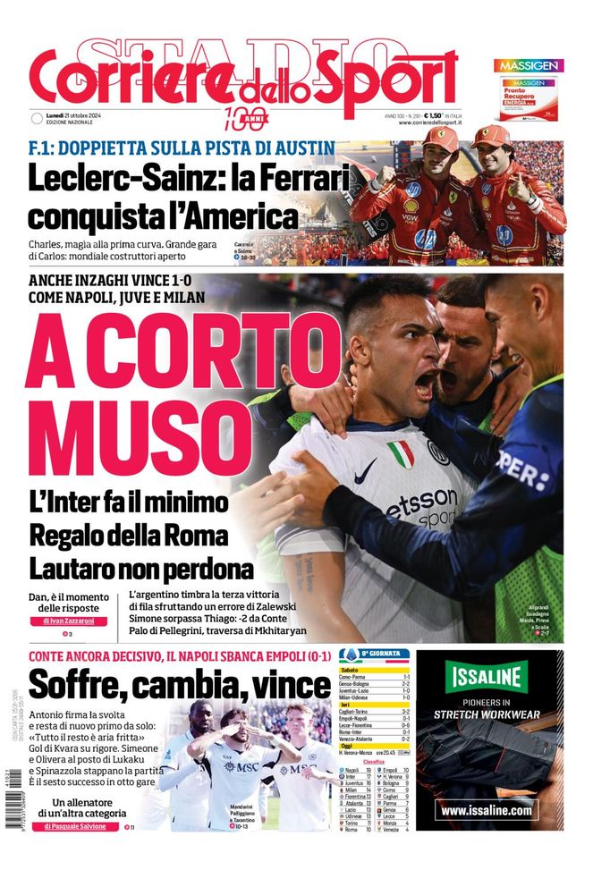 Il Corriere dello Sport, la prima pagina di oggi, lunedì 21 ottobre 2024