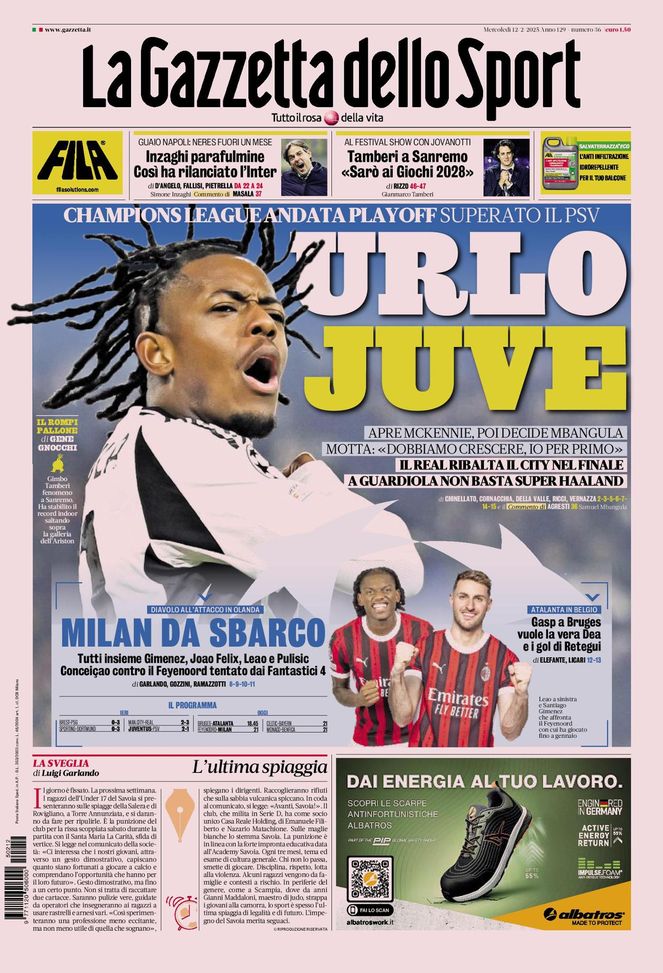 Prima Pagina Gazzetta dello Sport 12 febbraio
