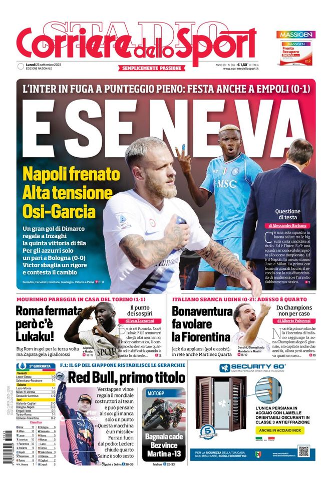 Corriere dello Sport Prima Pagina lunedì 25 settembre