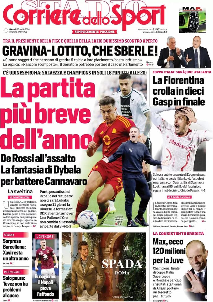 EDICOLA – La partita più breve dell’anno: Udinese-Roma, salvezza e CL in 18 minuti - immagine 1