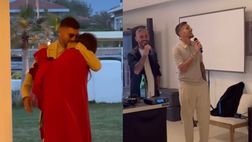 Pellegrini show col microfono: canta ‘Più bella cosa’ alla moglie Veronica